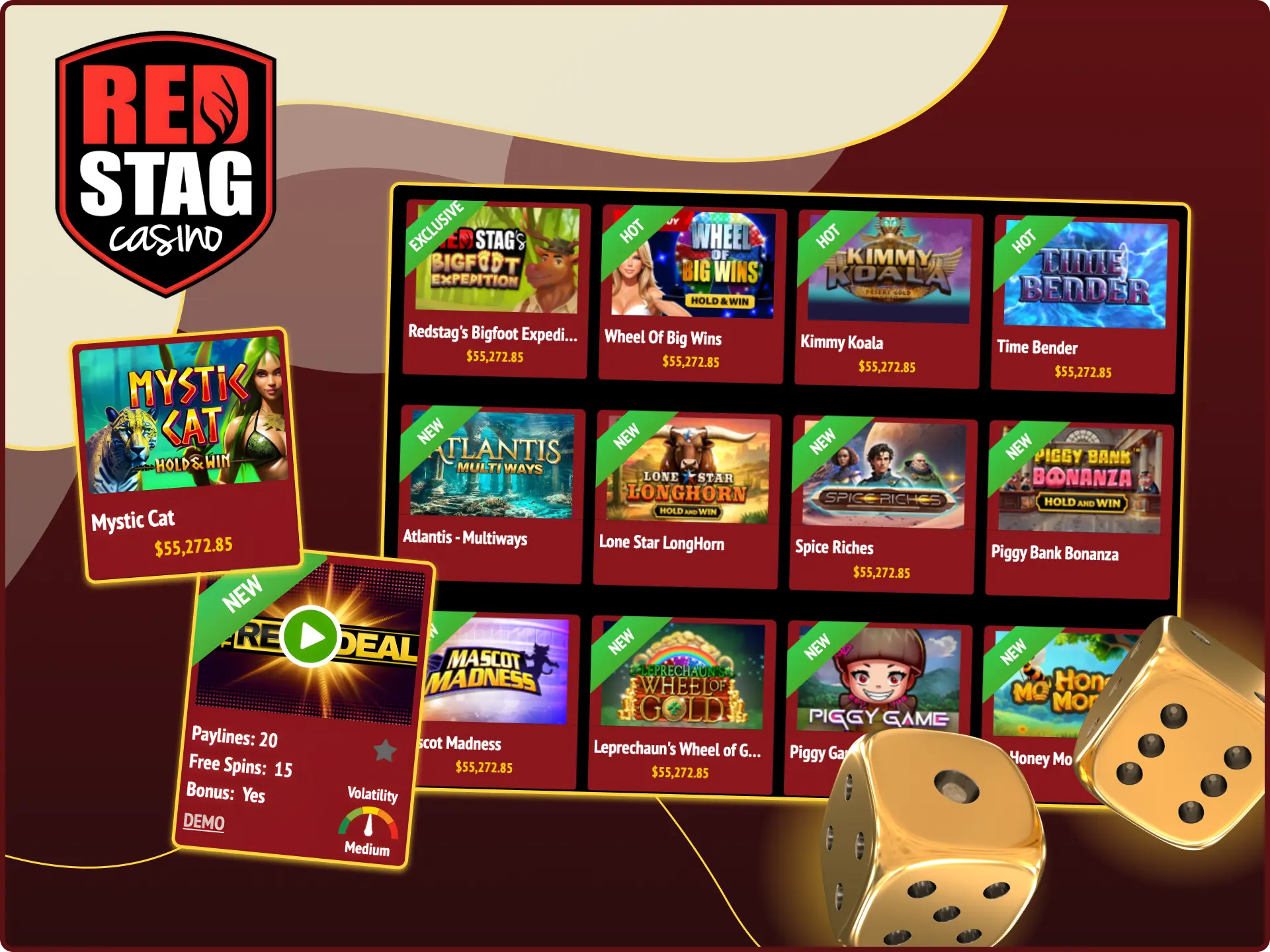 Play popular video slots at the Red Stag online casino website.