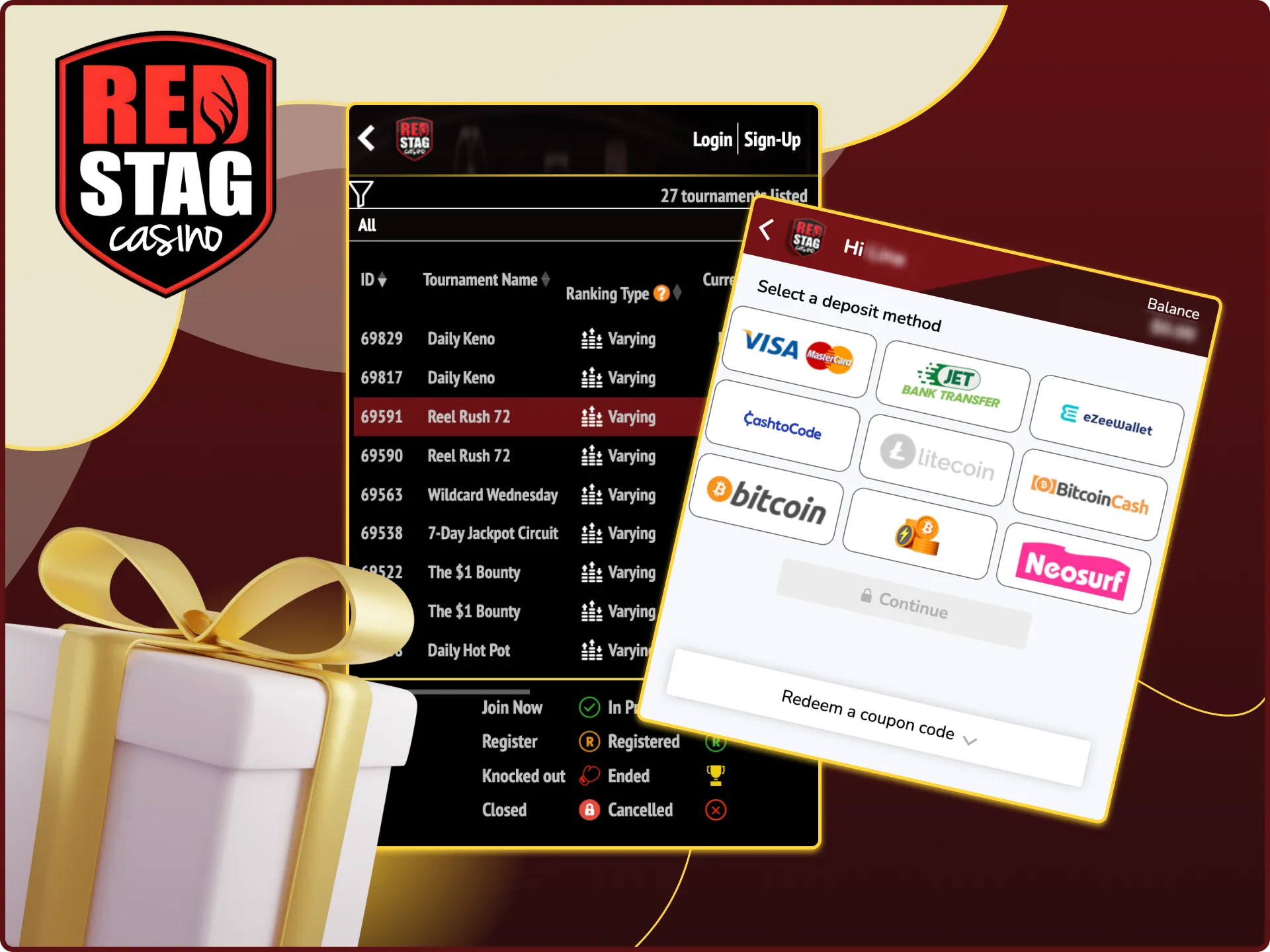 What benefits will you receive after logging in to the Red Stag online casino website.