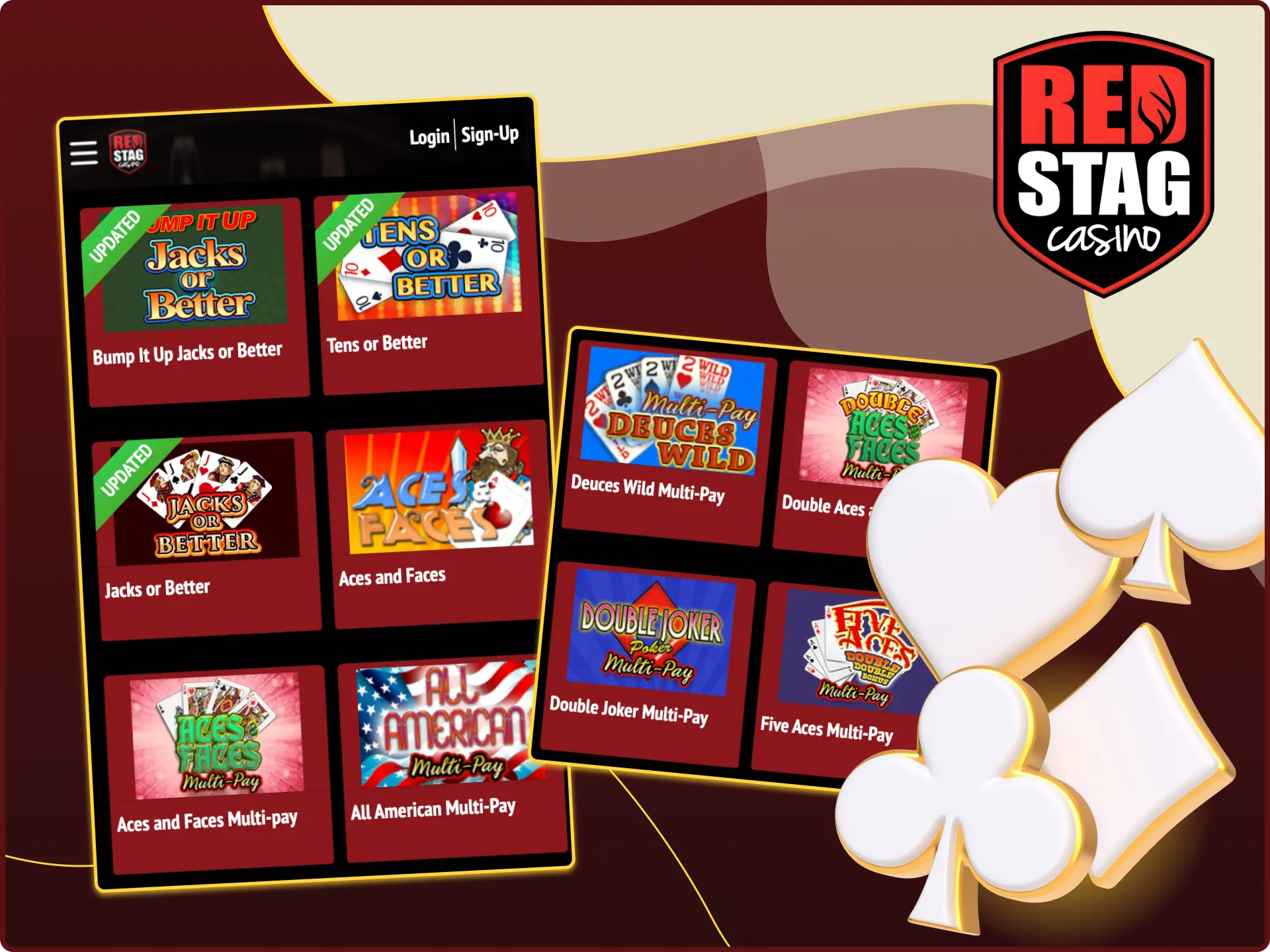 You can play video poker games at Red Stag online casino anywhere, anytime on your phone.