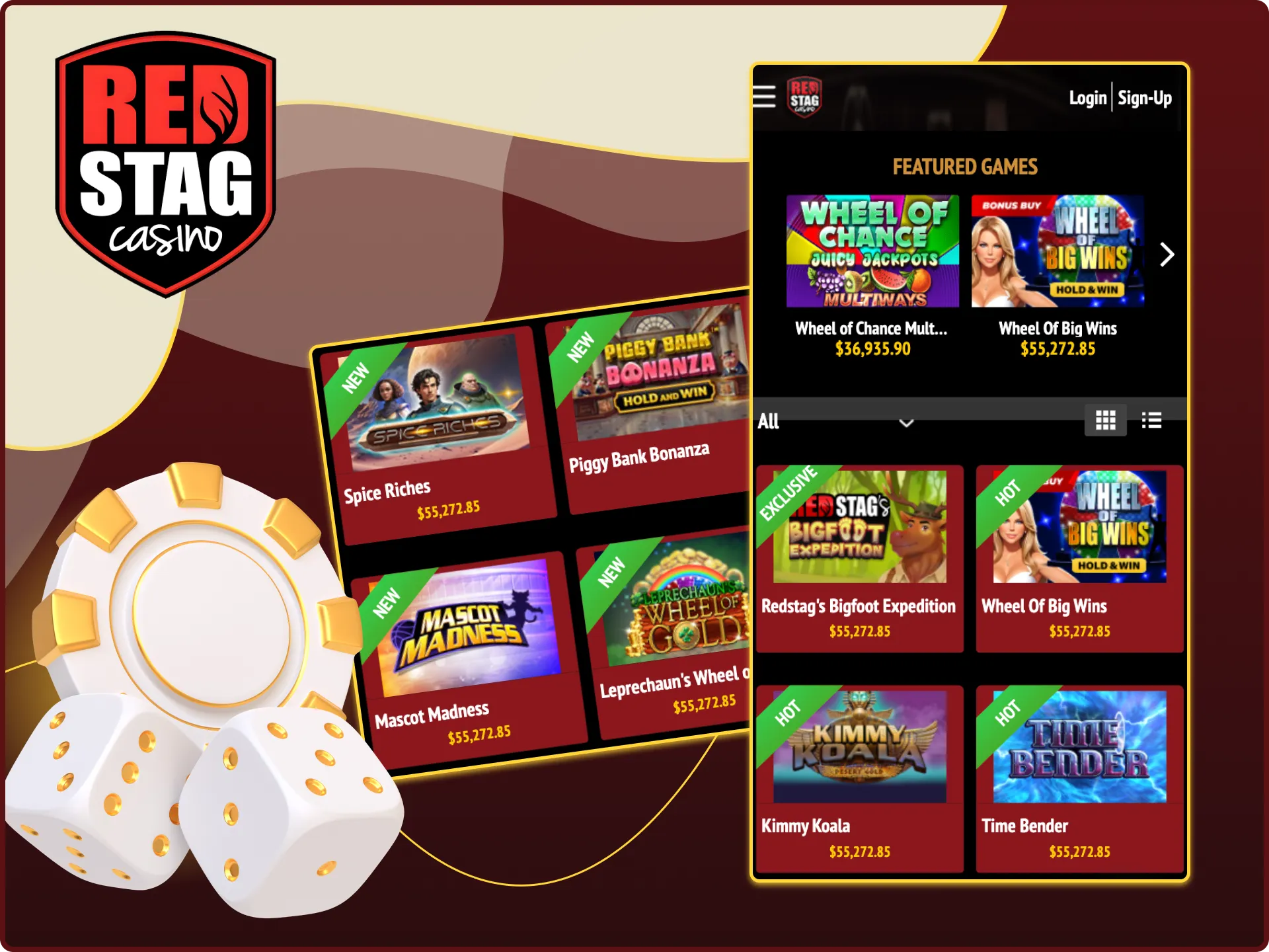 You can play video slot games at Red Stag online casino on your mobile phone.
